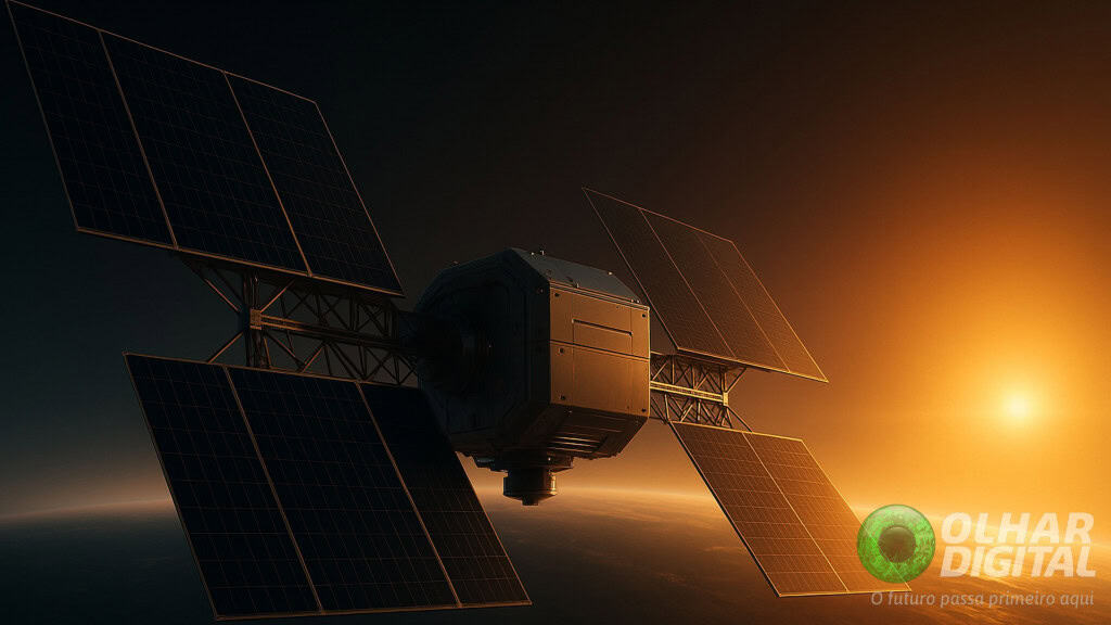 Ilustração de data center de inteligência artificial (IA) em forma de satélite no espaço