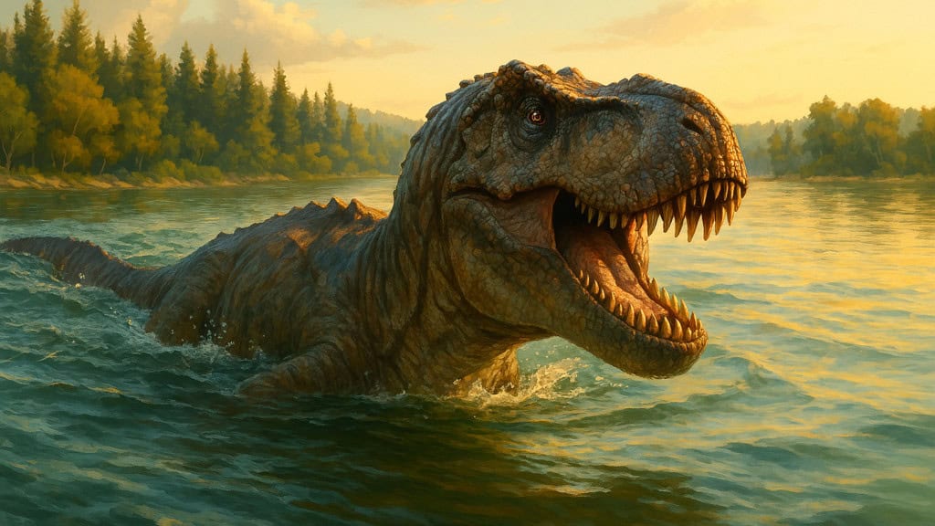 Um Tiranossauro rex caminha pela água ao entardecer, com a boca aberta e a cauda erguida. Ao fundo, árvores altas e céu dourado completam a cena pré-histórica
