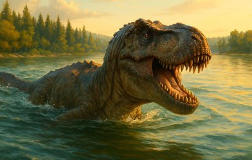 Um Tiranossauro rex caminha pela água ao entardecer, com a boca aberta e a cauda erguida. Ao fundo, árvores altas e céu dourado completam a cena pré-histórica
