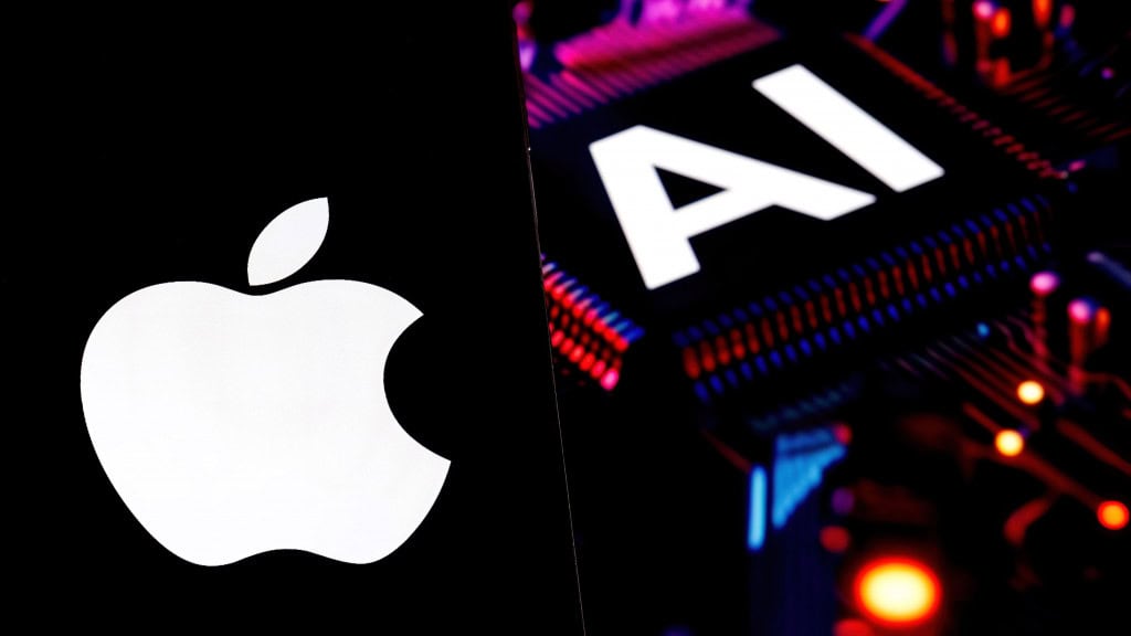 Logo da Apple ao lado de inteligência artificial (IA)