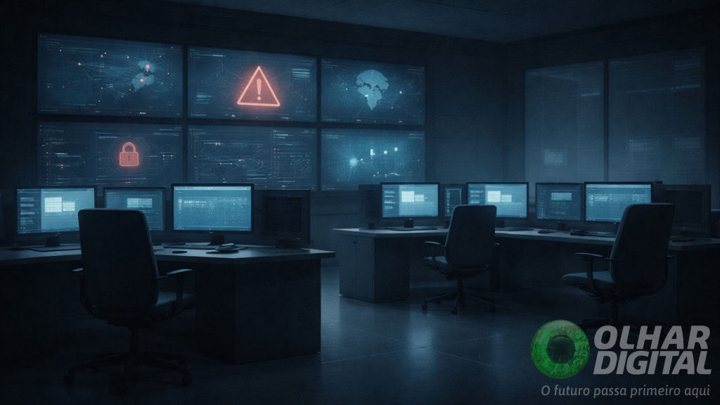 Alerta falso da Defesa Civil: o que falta entender 15 Telas exibindo símbolos de atenção e ataque hacker em central com computadores ligados porém vazia