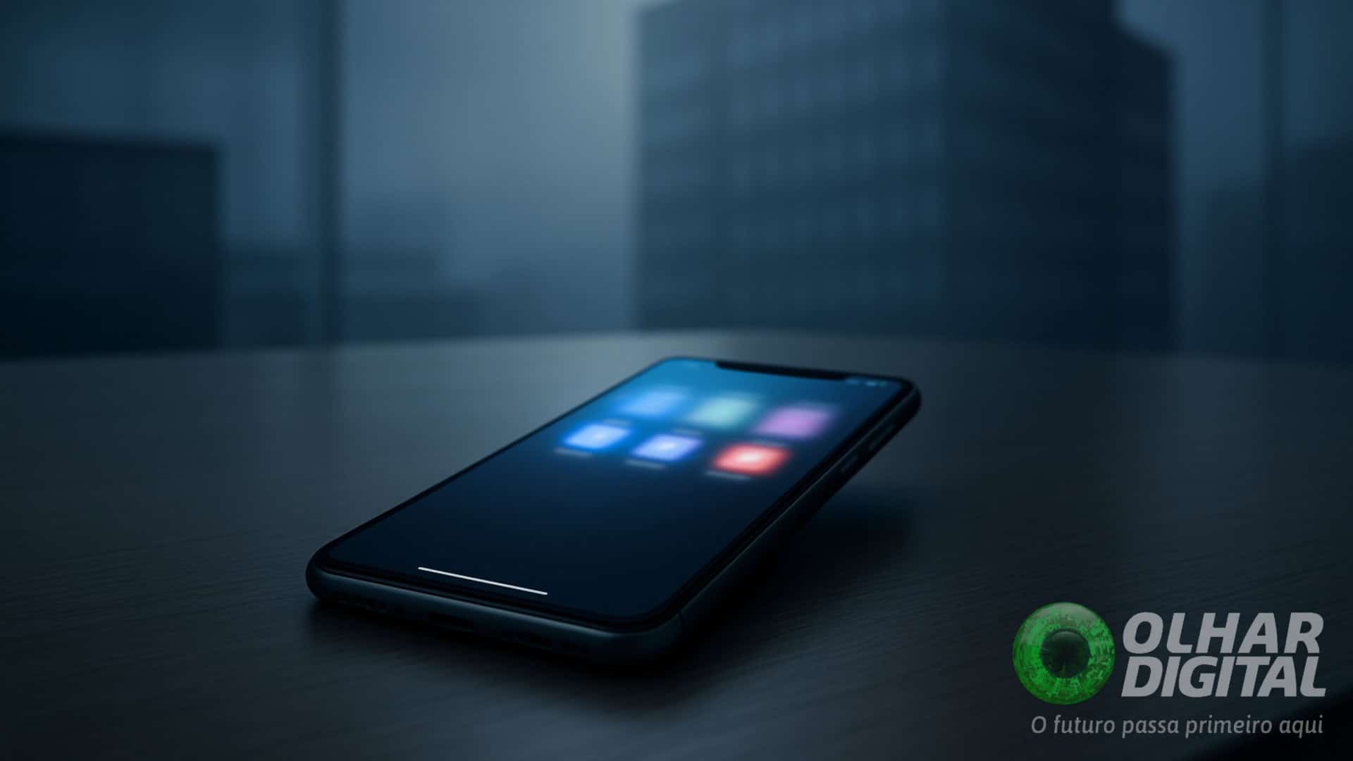 Ilustração de celular em mesa de escritório no alto de um prédio numa cidade grande