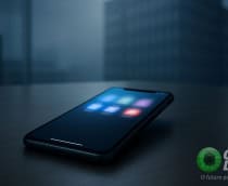 Ilustração de celular em mesa de escritório no alto de um prédio numa cidade grande