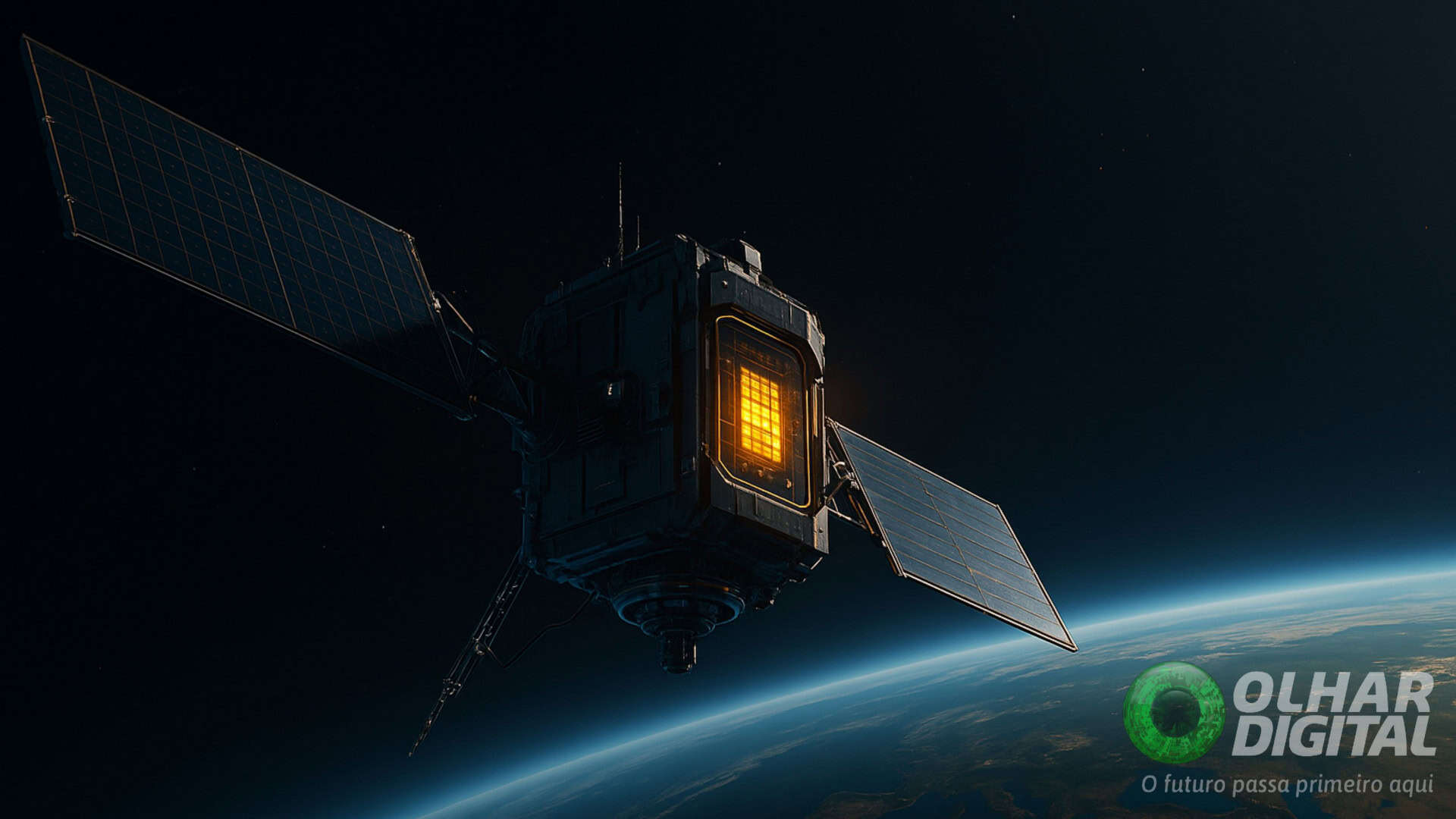 Ilustração de chip de inteligência artificial da Nvidia brilhando em satélite no espaço