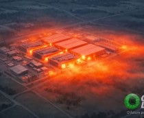 Ilustração de vista aérea de data center tão quente que parece usina de fundição