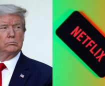Montagem com fotos de Donald Trump e de celular com logomarca da Netflix na tela