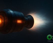 Ilustração de nave espacial nuclear, viabilizada por meo de inteligência artificial (IA), voando no espaço