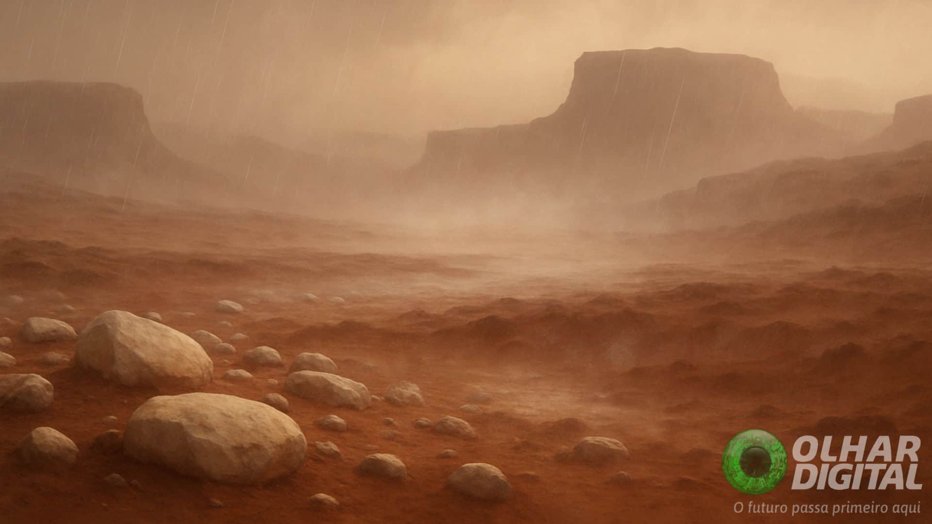 Ilustração de pedras esbranquiçadas em Marte num dia chuvoso