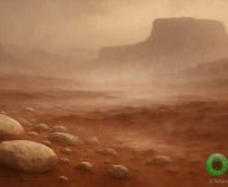 Ilustração de pedras esbranquiçadas em Marte num dia chuvoso