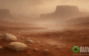 Ilustração de pedras esbranquiçadas em Marte num dia chuvoso