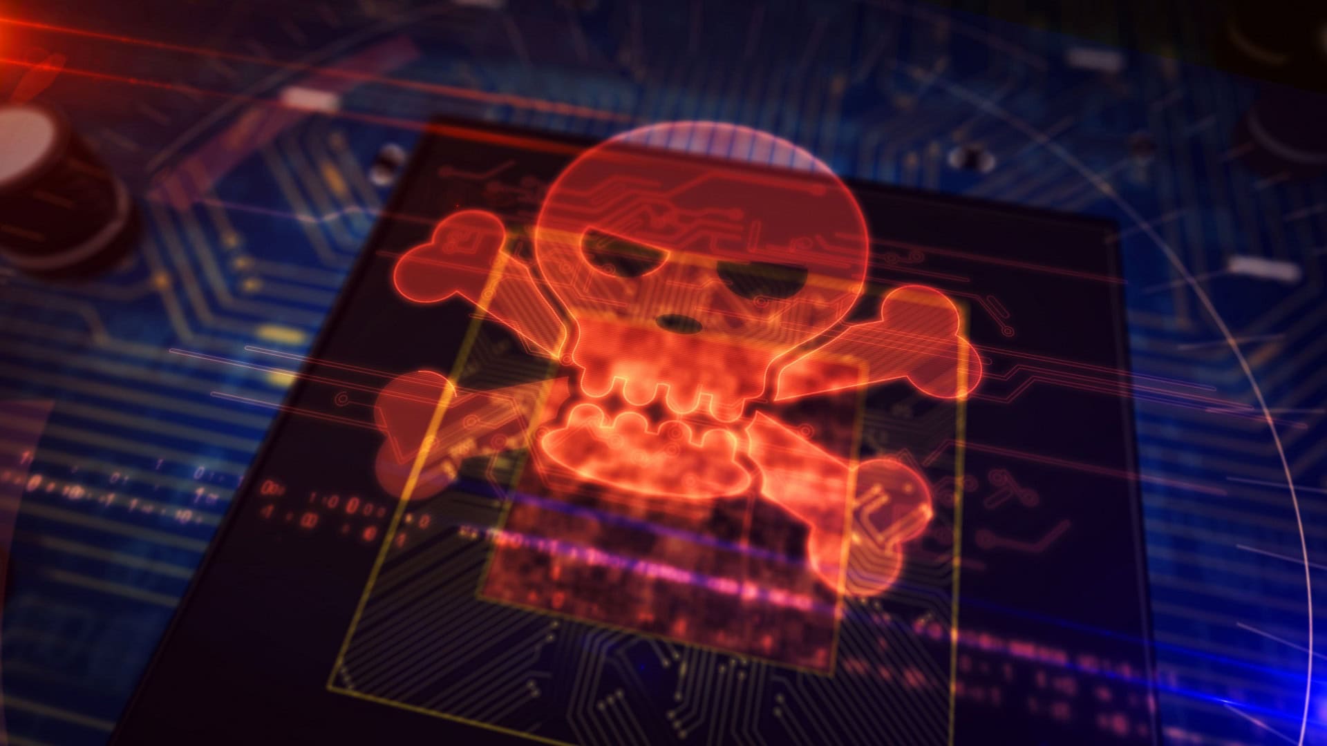 Ilustração de caveira em chip de computador para ilustrar conceito de pirataria e crime na internet