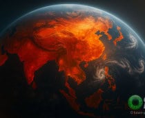 Ilustração do planeta Terra visto do espaço com continentes vermelhos para ilustrar aquecimento global e mudanças climáticas