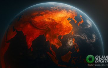 Ilustração do planeta Terra visto do espaço com continentes vermelhos para ilustrar aquecimento global e mudanças climáticas