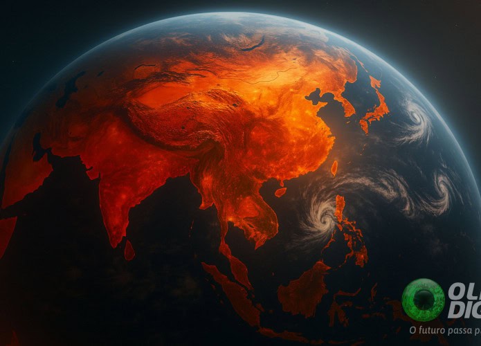 Ilustração do planeta Terra visto do espaço com continentes vermelhos para ilustrar aquecimento global e mudanças climáticas