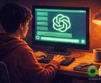 Ilustração no estilo retrô e pixel art de moço jovem conversando com ChatGPT no computador num quarto aconchegante