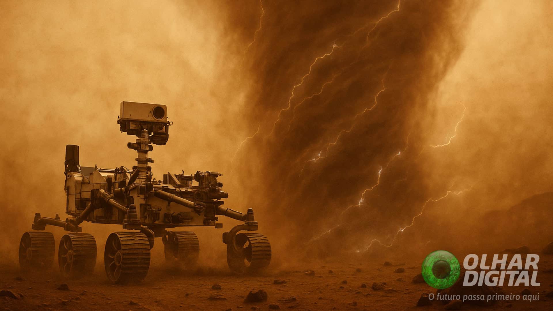 Ilustração do rover Perseverance, da NASA, dentro de redemoinho de poeira com raios em Marte