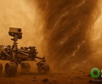 Ilustração do rover Perseverance, da NASA, dentro de redemoinho de poeira com raios em Marte