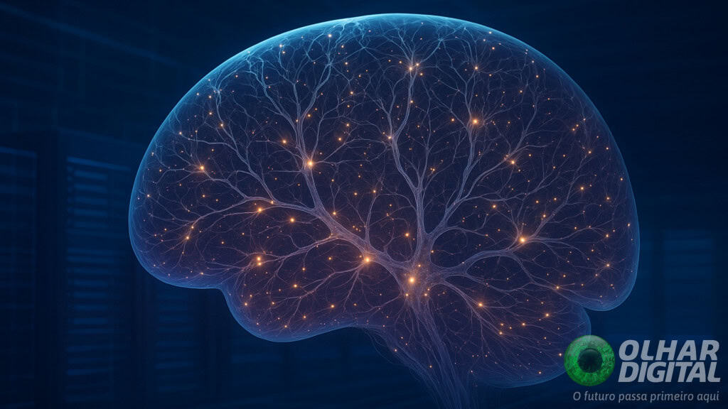 Ilustra&ccedil;&atilde;o de vis&atilde;o raio-x de c&eacute;rebro mostrando neur&ocirc;nios em simula&ccedil;&atilde;o num supercomputador