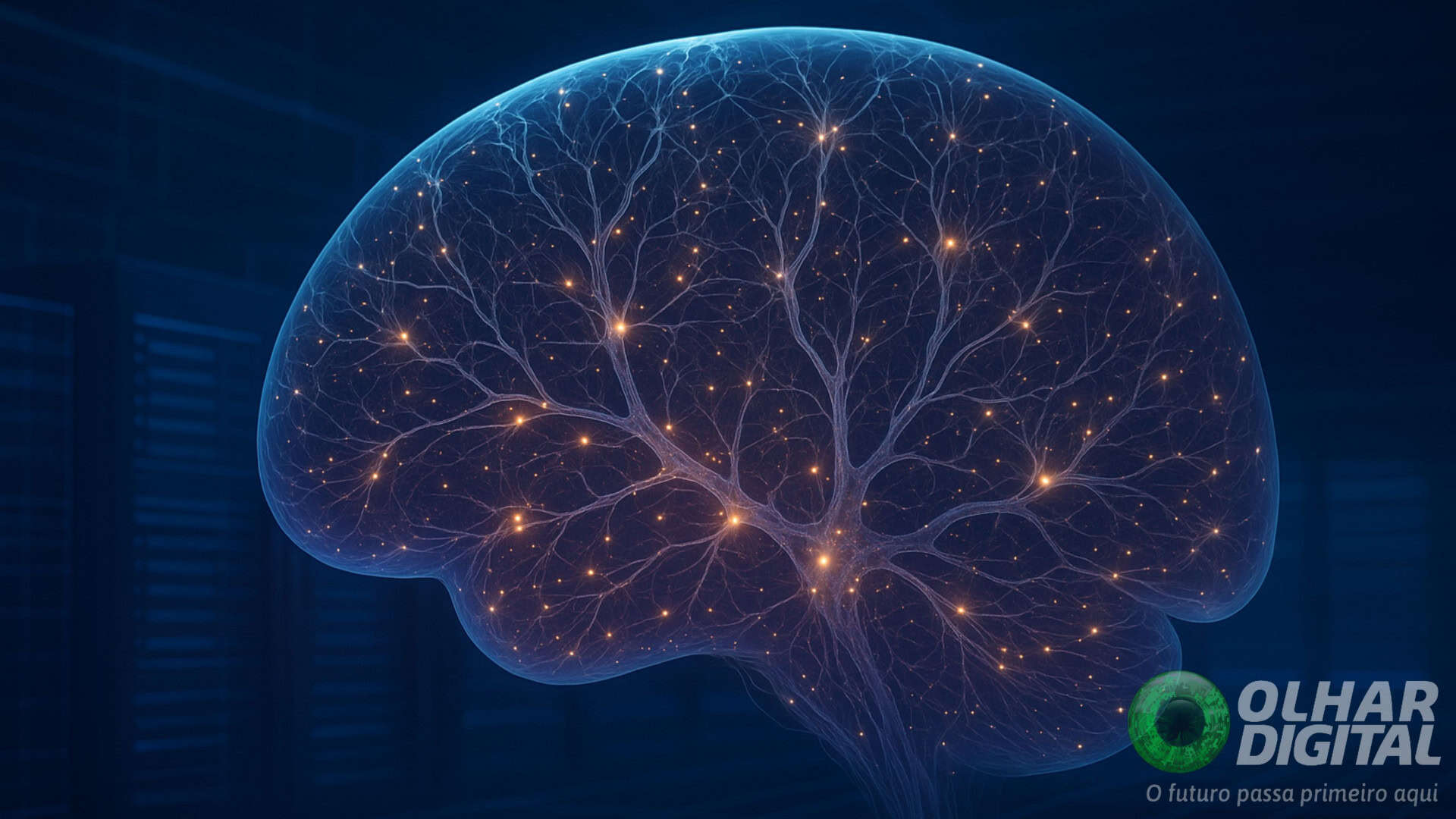 Ilustração de visão raio-x de cérebro mostrando neurônios em simulação num supercomputador