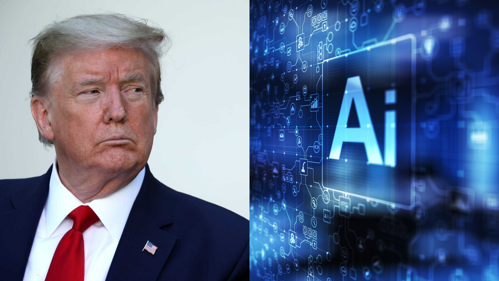 Montagem com foto de Trump e ilustração sobre inteligência artificial (IA)