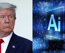 Montagem com foto de Trump e ilustração sobre inteligência artificial (IA)
