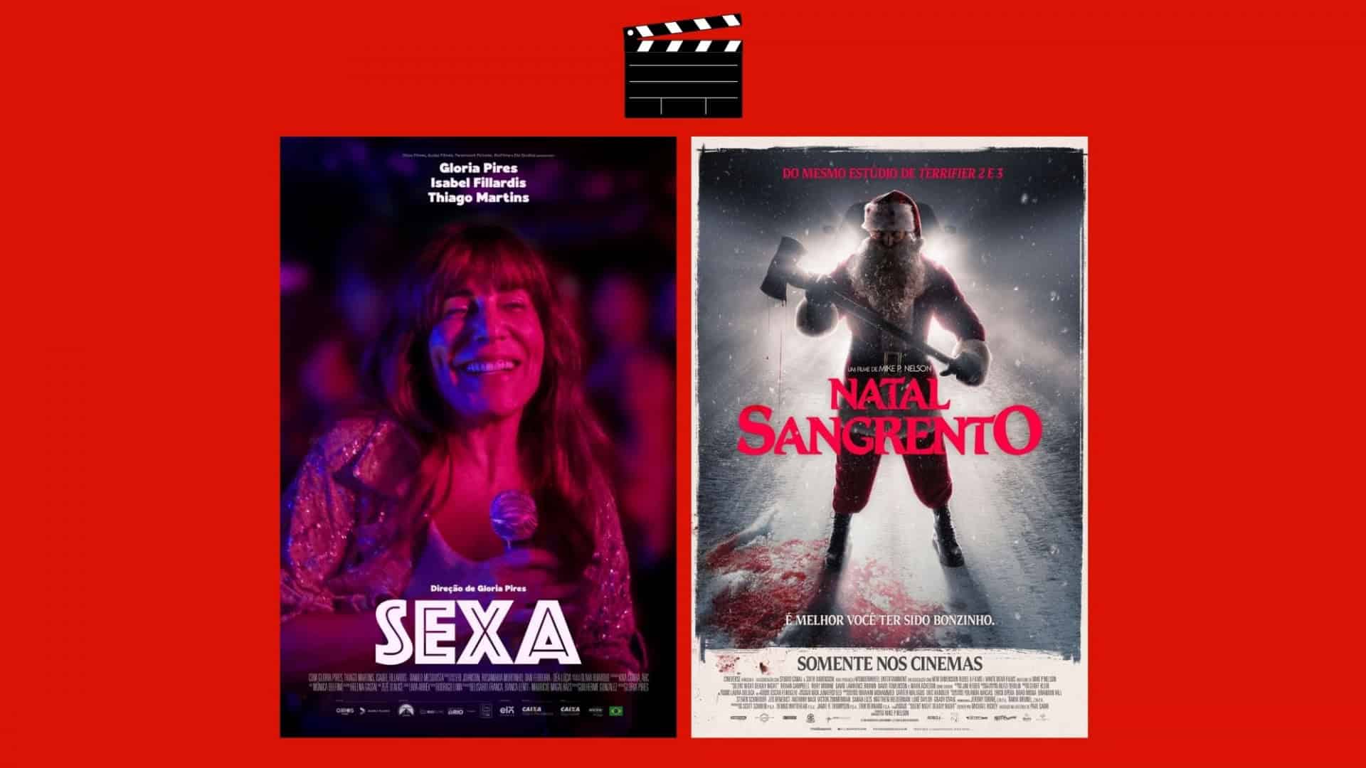 Montagem com pôsteres dos filmes Sexa e Natal Sangrento, que estreiam nos cinemas em 11 de dezembro de 2025