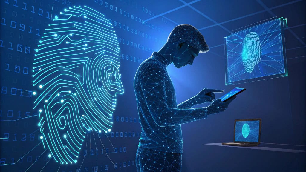 Ilustração mostra como o Digital Fingerprinting age quando o usuário de streaming assiste ao conteúdo de diversas formas, sinalizando como o rastreamento pode interferir na privacidade. Arte digital futurista em tons de azul neon e ciano. No lado esquerdo, uma grande impressão digital é formada por trilhas de circuitos integrados e pontos de conexão brilhantes. À direita, uma figura humana representada por uma malha digital de linhas e pontos, conhecida como wireframe, interage com um tablet que exibe um ícone de digital. O fundo é composto por uma grade de códigos binários e telas holográficas, simbolizando a complexidade e a profundidade do rastreamento de dados em ambiente virtual.