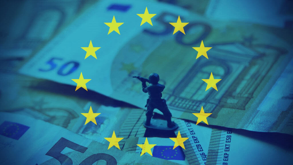 Montagem com bandeira da União Europeia sobrepondo imagem de soldadinho de brinquedo em cima de notas de euro