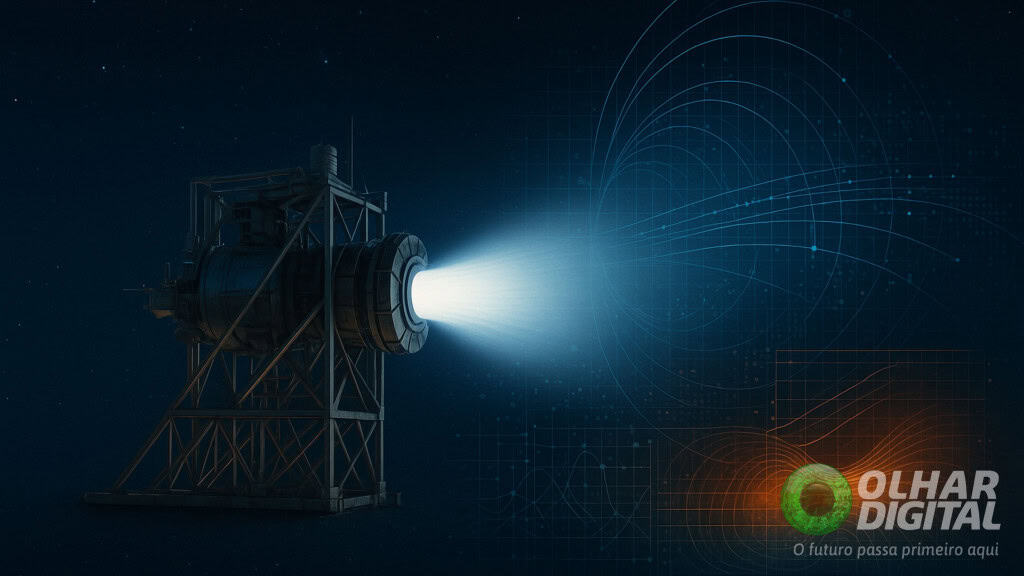 Ilustração de motor de foguete funcionando e sendo otimizado por inteligência artificial (IA)