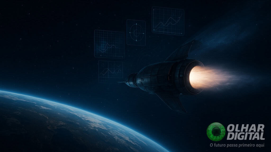 Ilustração de foguete no espaço, voltando pra Terra, usando inteligência artificial (IA) para se guiar