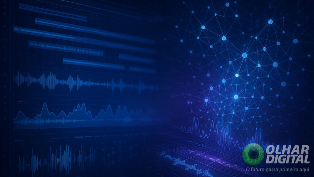 Ilustração de elementos de produção de música e de rede neural de inteligência artificial (IA)
