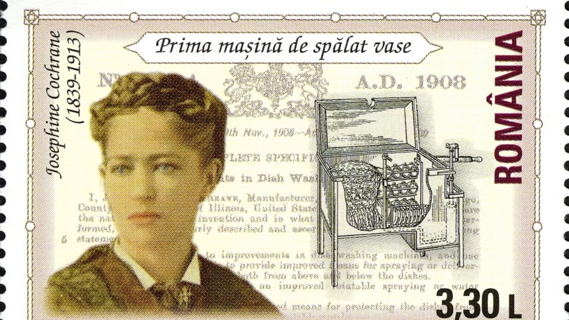 imagem mostrando Josephine Cochrane em uma publicação antiga que mostra sua invenção, a lava louças