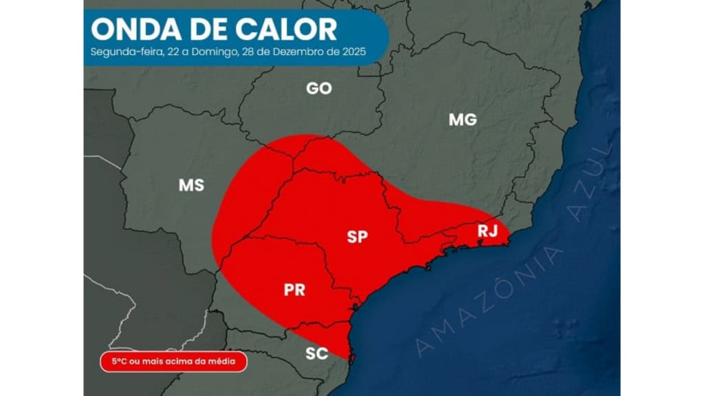 Mapa mostrando onda de calor no Sudeste do Brasil entre 22 e 28 de dezembro de 2025