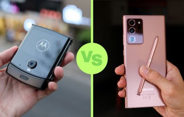 Montagem com celular Motorola à esquerda e Samsung à direita, com sinal de 