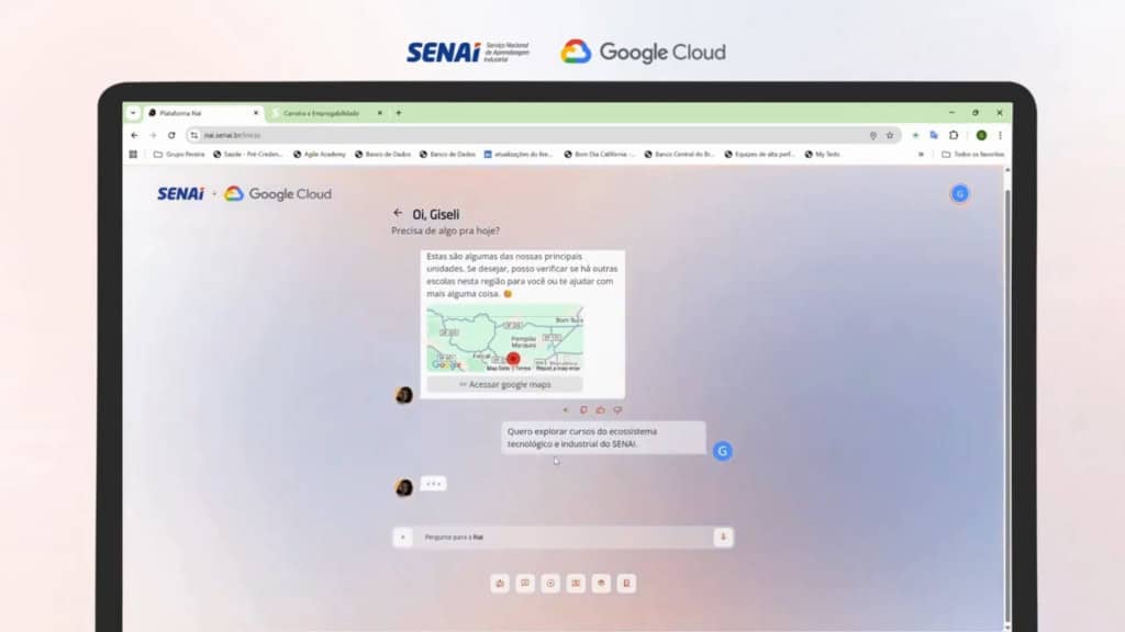 Captura de tela mostrando conversa na Nai, plataforma de inteligência artificial (IA) do Senai