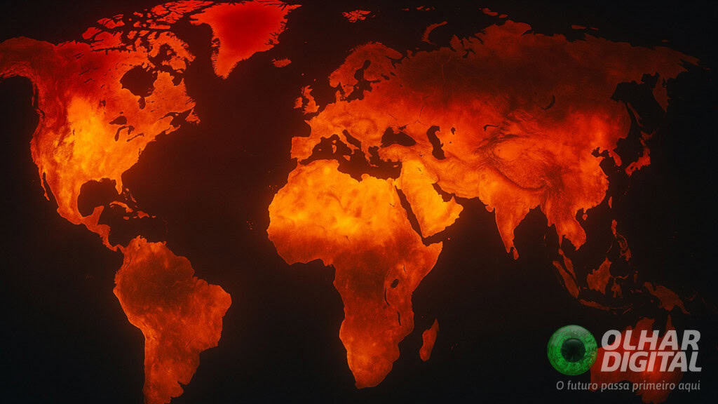 Ilustração do mapa do mundo com continentes vermelhos para ilustrar aquecimento global e mudanças climáticas