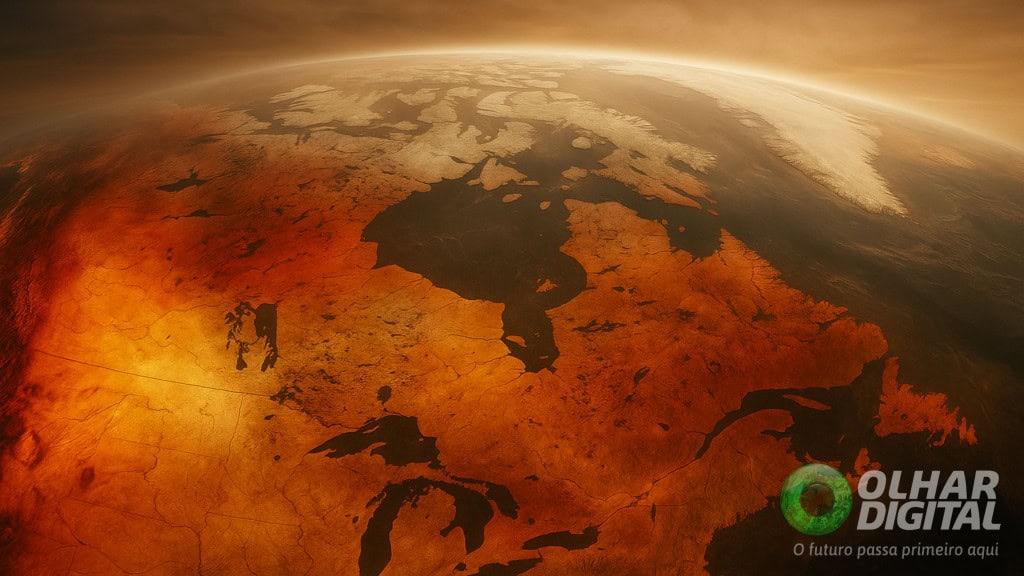 Ilustração do planeta Terra visto do espaço com continentes vermelhos para ilustrar aquecimento global e mudanças climáticas