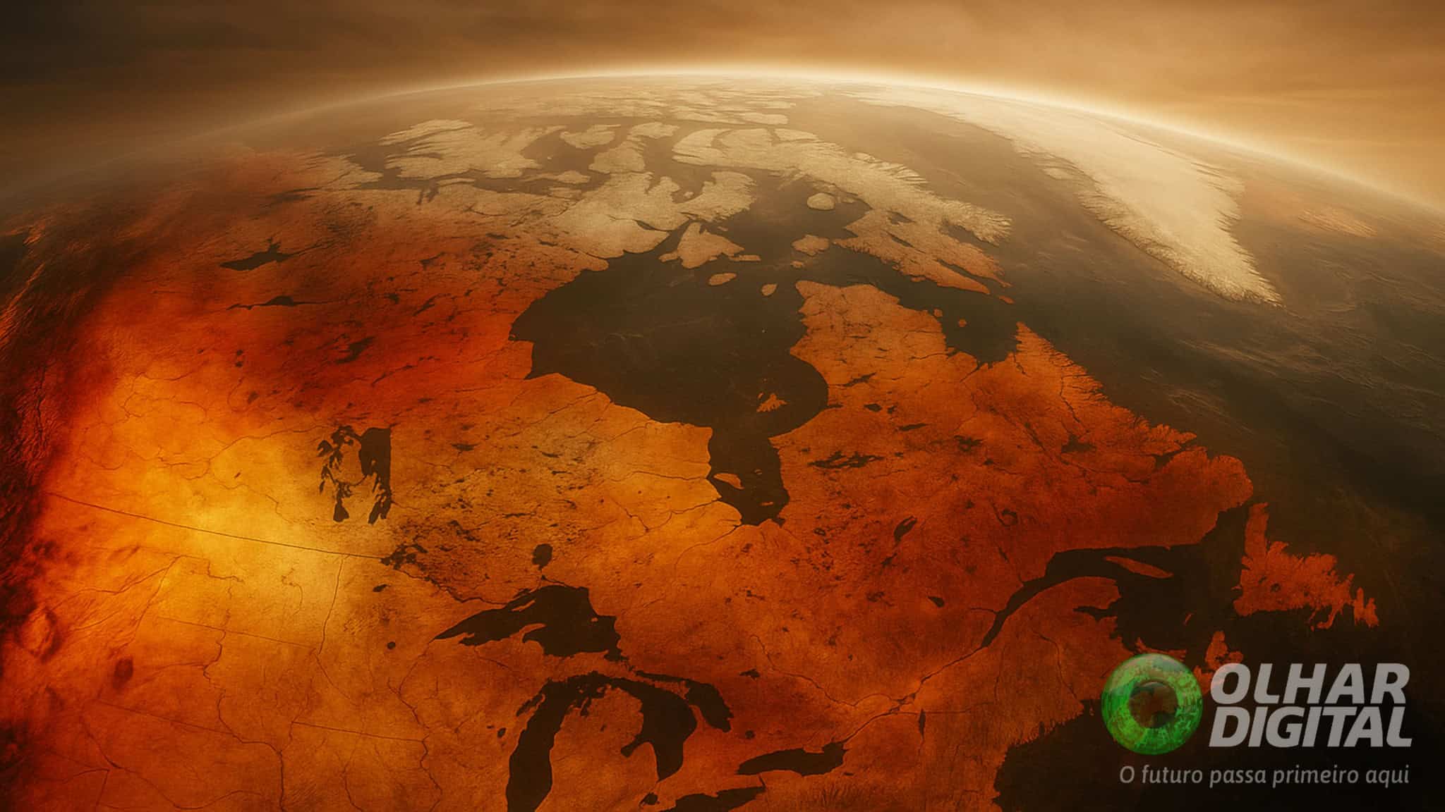 Ilustração do planeta Terra visto do espaço com continentes vermelhos para ilustrar aquecimento global e mudanças climáticas