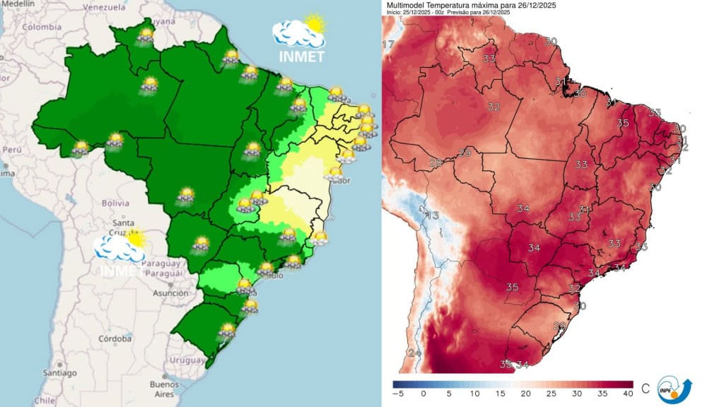 Montagem com mapas do Brasil mostrando a previsão do tempo para 26 de dezembro de 2025