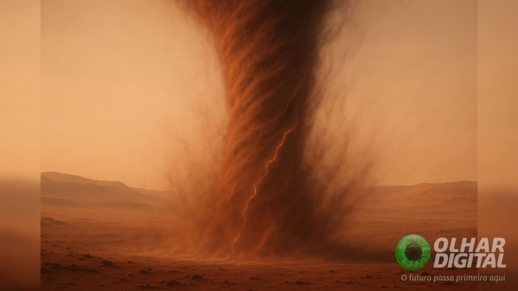 Ilustração de redemoinho de poeira com raios e faíscas em Marte