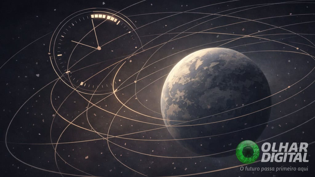 Ilustração do planeta Terra com linhas envolta e relógio enorme no espaço