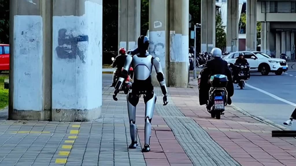 Robô humanoide chinês AgiBot A2 andando numa calçada