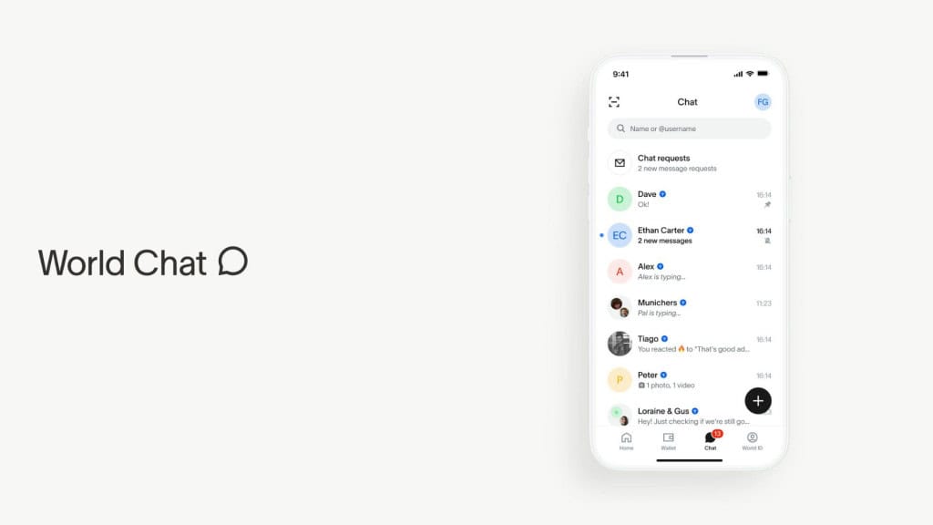 Montagem mostrando conversas no World Chat, integrado ao World App