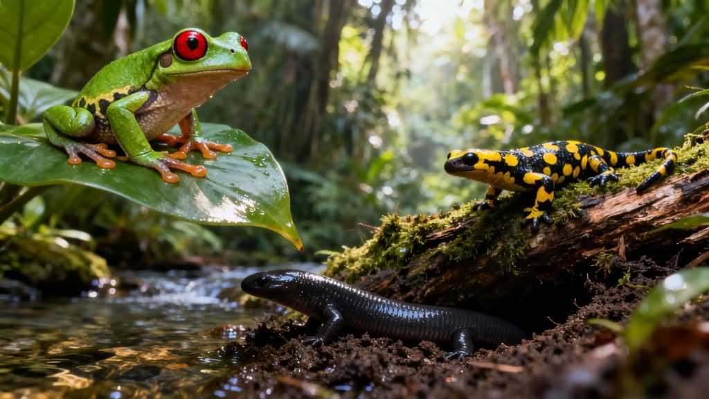 Imagem criada por IA fotorrealista mostrando diversos anfíbios em um ambiente de floresta úmida e tropical. No centro e à direita, sapos e rãs de pele verde e texturizada estão posicionados sobre rochas cobertas de musgo vibrante. No lado esquerdo, uma salamandra de corpo alongado e uma cecília serpenteiforme rastejam entre folhas molhadas e pequenos corpos d'água, sob uma iluminação suave que destaca o brilho da pele úmida desses animais