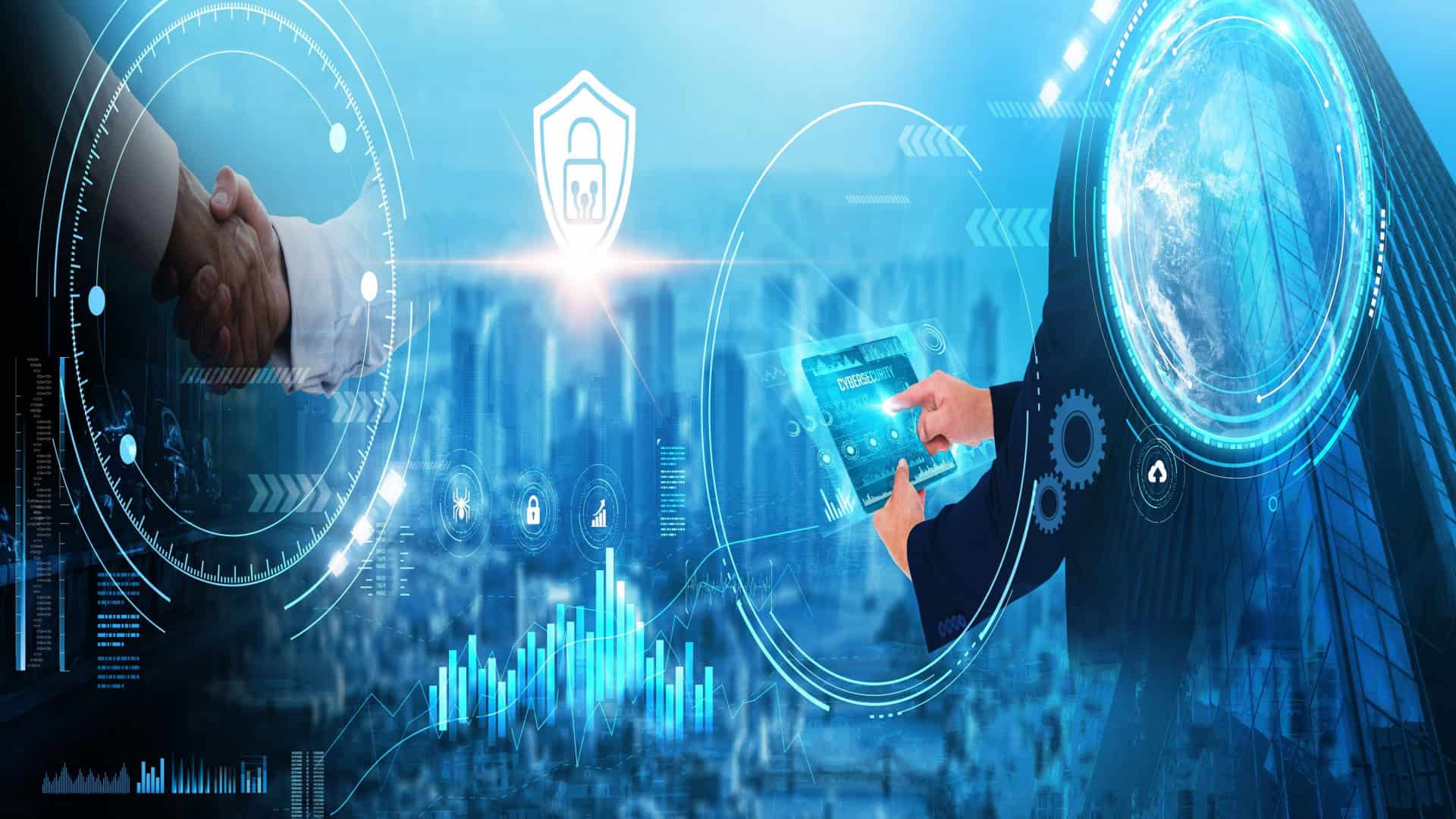 Ilustração mostra Cibersegurança: Empresário analisando dados futuristas seguros e crescimento. Avaliação de riscos, criptografia, detecção de ameaças, segurança de rede, proteção de dados, gestão de vulnerabilidades
