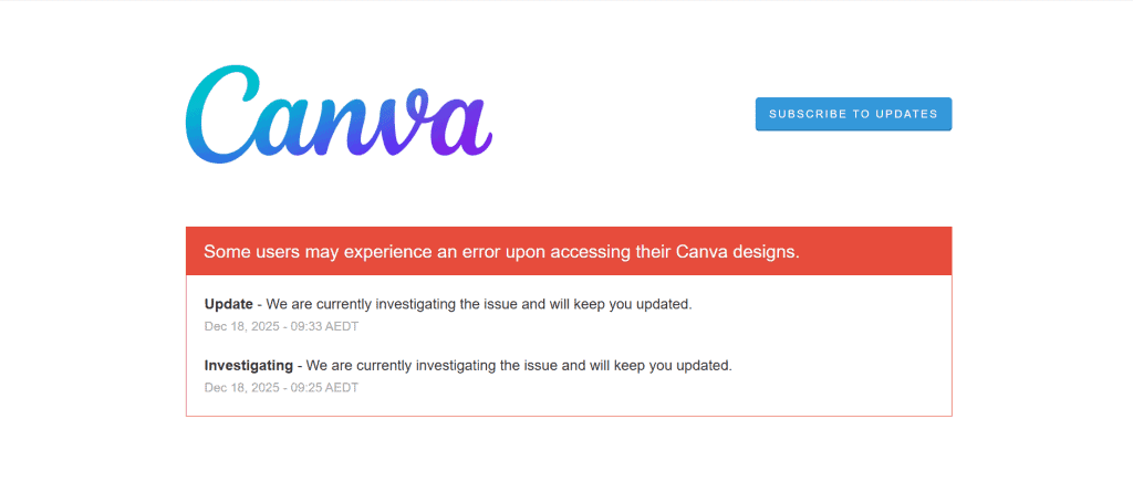 Página de status do Canva