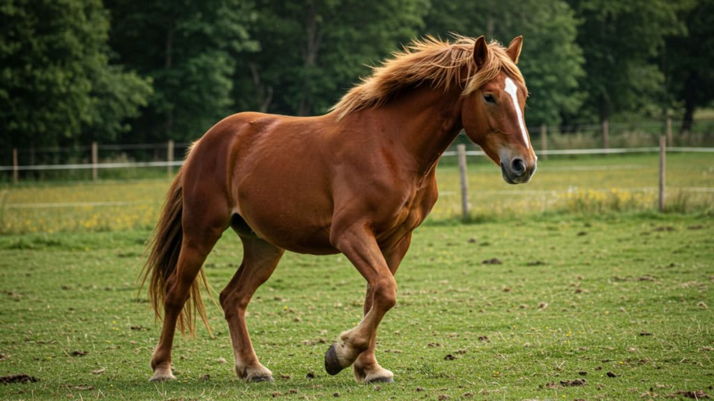 Um cavalo castanho correndo em um campo aberto com as pernas alongadas em posição vertical indicando estrutura corporal adaptada para velocidade