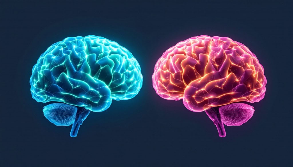 Imagem mostra visual comparativo de dois cérebros humanos, lado a lado, mostrando padrões de conectividade neural e microestrutura diferentes de forma neutra e informativa