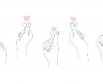 Ilustração minimalista em linha art de cinco mãos estilizadas formando corações com os dedos, com corações rosa pastel flutuando acima, sobre fundo branco puro; representa afeto e romance nos doramas adaptados de manhwas sul-coreanos