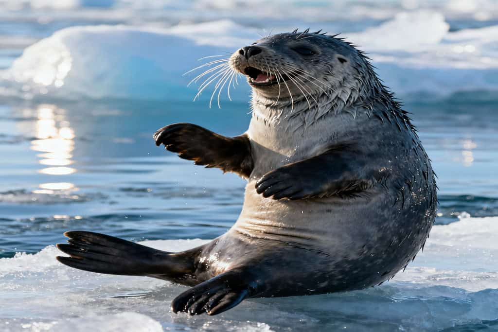 Imagem de IA  fotorrealista de uma foca cinza sentada sobre uma placa de gelo cercada por águas polares, onde o animal está com as nadadeiras dianteiras posicionadas contra a barriga em um movimento de percussão